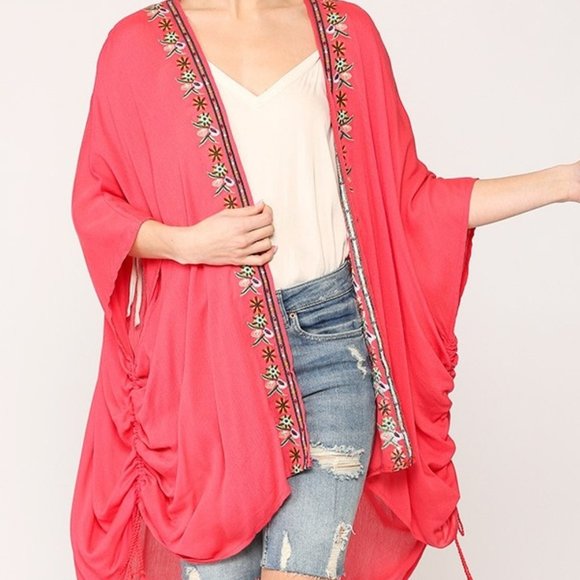 BLUHEAVEN by  Umgee S/M M/L coral kimono sleeve jacket cape beach cover-up - Picture 1 of 7